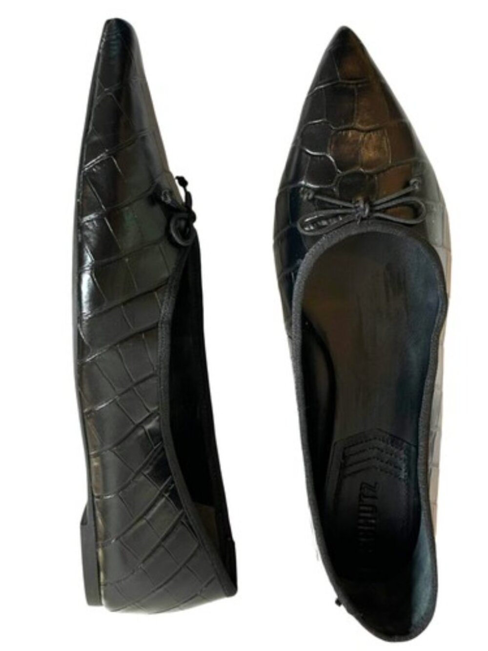 Schutz Dal Black & Brown Croc Embossed Leather Pointed Toe Flats Size 11 B - Picture 2 of 8